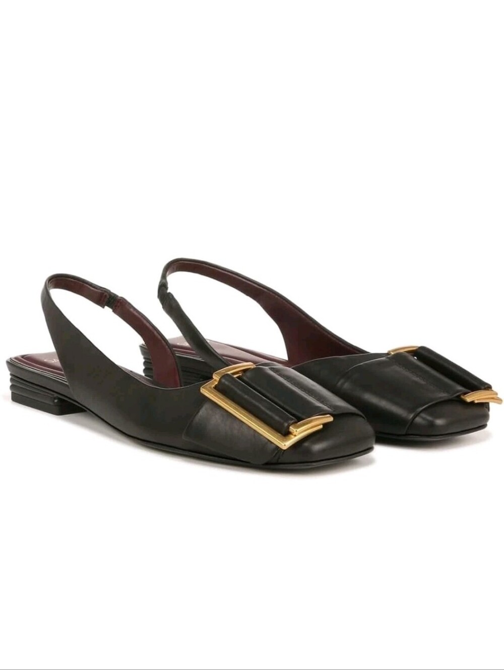 Sarto Black Tracy Leather Slingback Square Toe Flats w Vamp Buckle Size 6.5 NWT